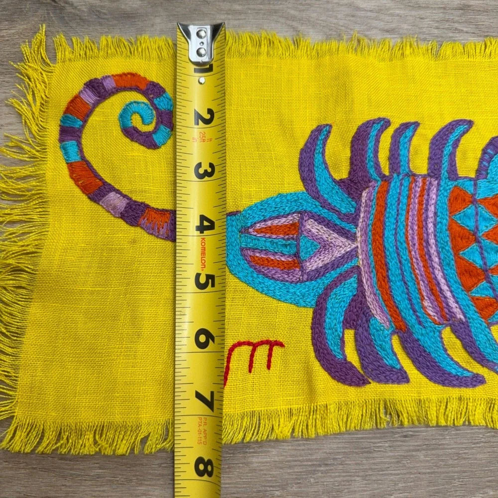 Vintage Embroidered Zodiac Scorpio Scorpion Linen Textile Yellow Boho Folk Art
